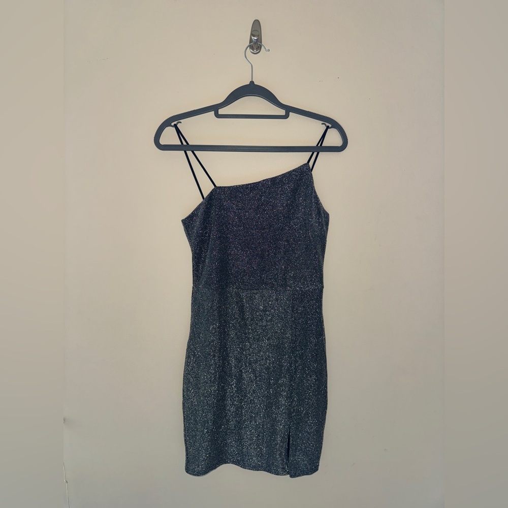 Lulus Take Me Anywhere Silver Sparkly Asymmetrical Bodycon Mini Dress - Size S